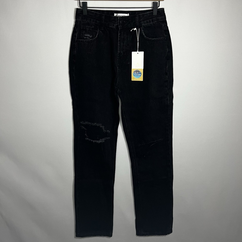 NWT Vipones Pants Women Size 2 Black Distressed Relaxed Straight Boyfriend Jeans